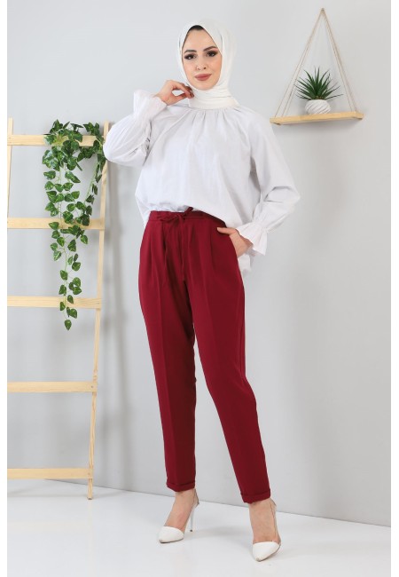 Beli Bağcıklı Kumaş Pantolon Bordo 10654