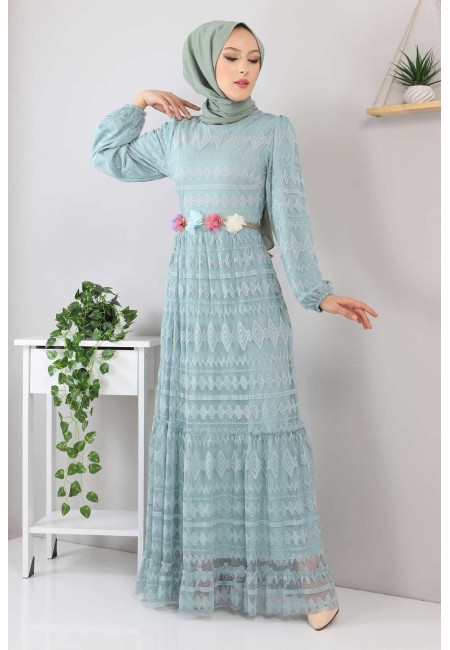 Kemeri Çiçekli Elbise Mint 10241