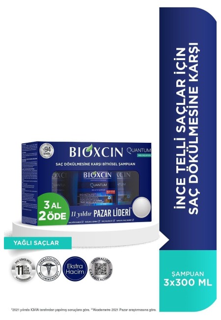 Bioxcin Quantum Dökülme Karşıtı ve Hacim Veren Şampuan – Yağlı Saçlar İçin 3x300 ML